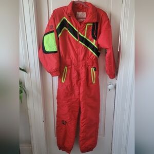 Vintage Red and Black Ispo Ski Suit with Neon Accents